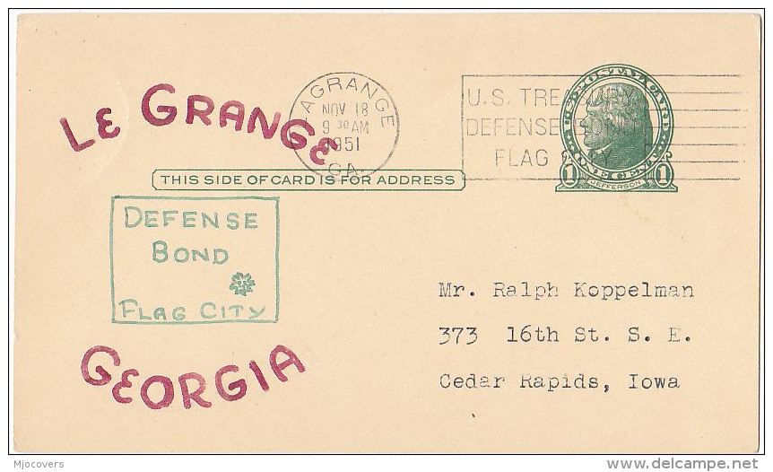 1951 USA COVER (card)  LE GRANGE GEORGIA Illus DEFENSE BOND FLAG CITY  EVENT Postal STATIONERY - 1941-60