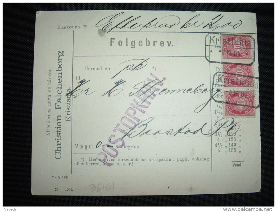 CARTE POSTOPKRAV. TP 10 X3 OBL. 2 VIII 04 Kristiania + CHRISTIAN FALCHENBERG - Lettres & Documents