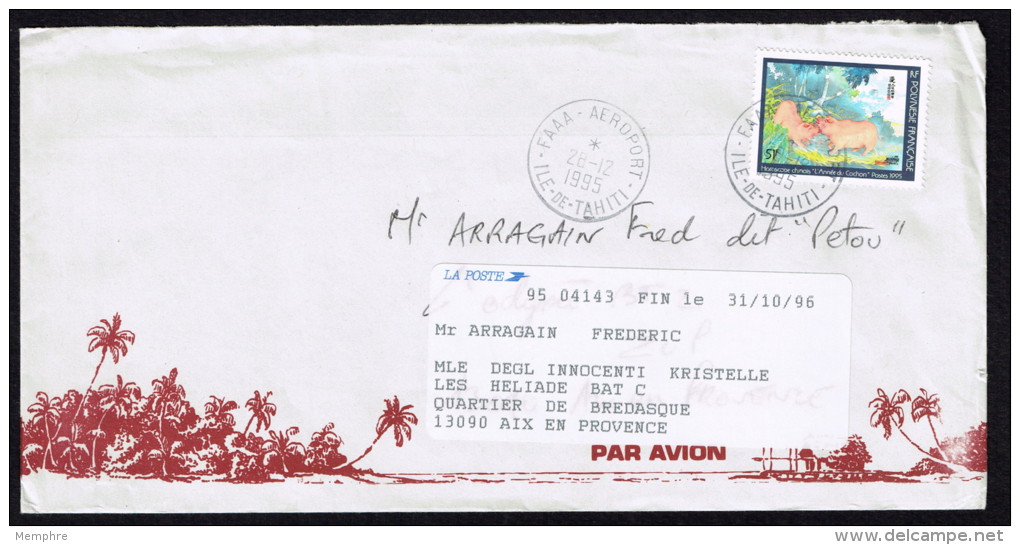 1995  Lettre Avion Pour La France   Yv  479A ( Année Du Cochon, Sans Nom D'imprimeur) - Lettres & Documents