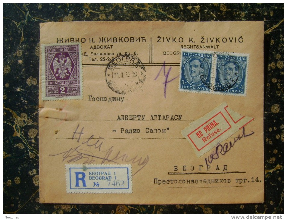 2x3d.+stamp Duty 2 Dinara+R Beograd+refuse-1932   (3247) - Storia Postale