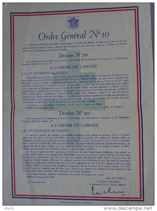 EXCEPTIONNEL ORDRE GENERAL N° 10 CITATION DEUXIEME DIVISON BLINDEE GENERALE DE GAULLE DOCUMENT ORIGINAL - Documenten