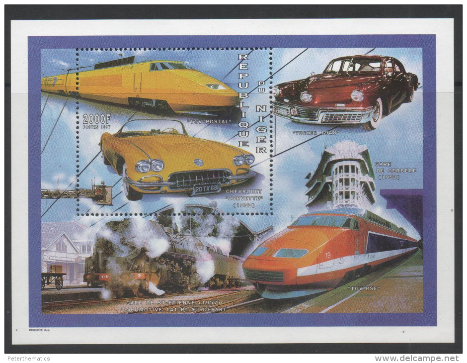 NIGER, 1997, MNH, TRAINS, TGV, CARS, CORVETTE, S/SHEET - Trains