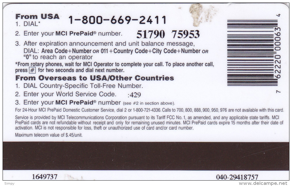USA Magnetic Card -  MCI Prepaid  Wal Mart 40 Minutes - [3] Magnetkarten