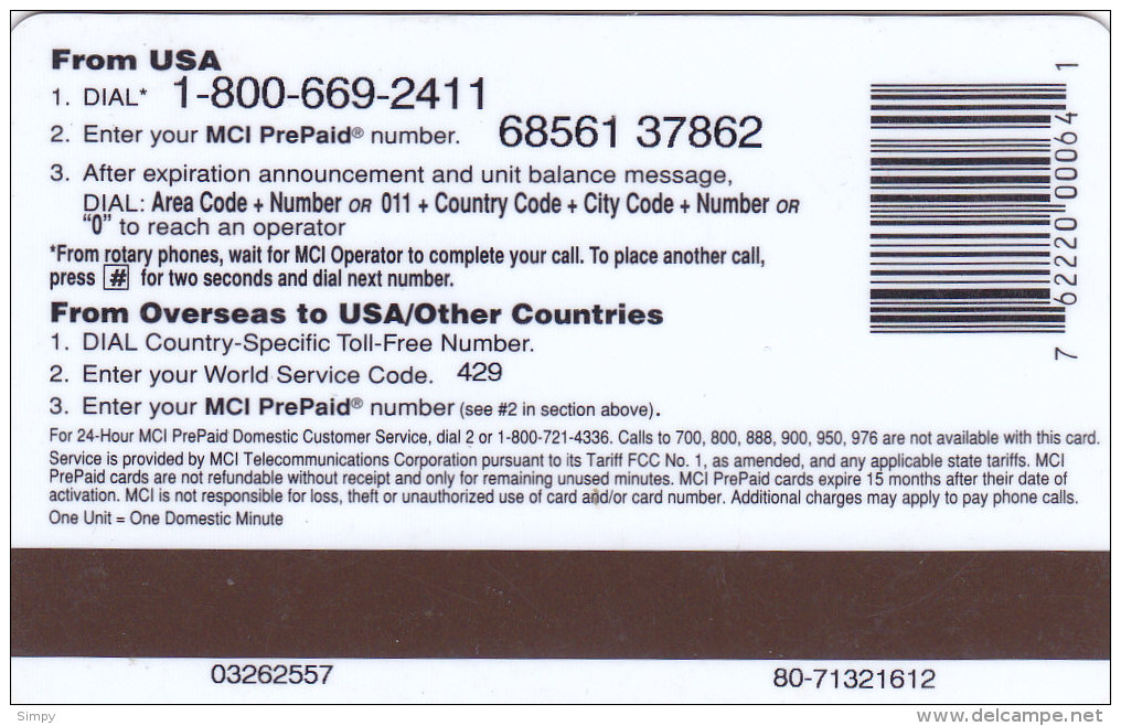 USA Magnetic Card -  MCI Prepaid  Wal Mart 80 Minutes - Cartes Magnétiques