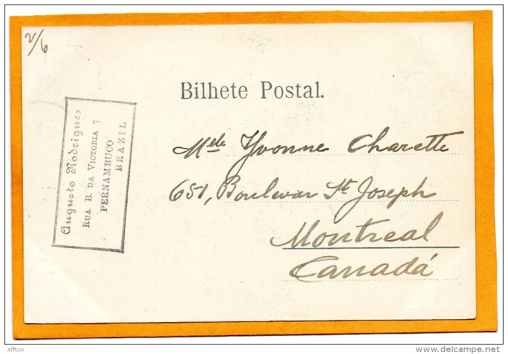 Recife Pernambuco Brazil 1905 Postcard Mailed To Canada - Recife