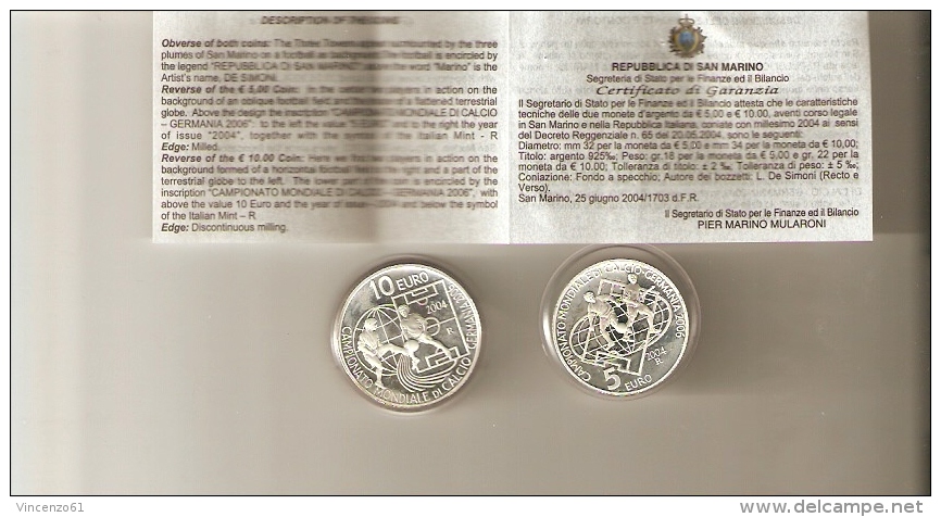 MONDIALI DI CALCIO 2006 MONETE COMMEMORATIVE IN ARGENTO CERTIFICATO DI AUTENTICITA´ REPUBBLICA SAN MARINO GERMANY 2006 - Commemorative