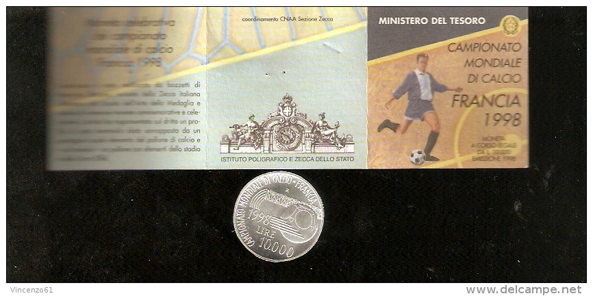 MONDIALI DI CALCIO 1998 MONETA COMMEMORATIVA IN ARGENTO CERTIFICATO DI AUTENTICITA´ REPUBBLICA ITALIANA FRANCE 1998 - Commemorative