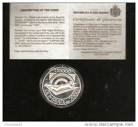 OLIMPIC GAME 2000 MONETA COMMEMORATIVA IN ARGENTO CERTIFICATO DI AUTENTICITA´ REPUBBLICA SAN MARINO - Herdenking