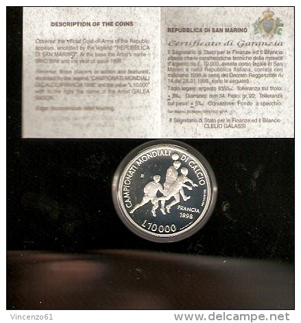 MONDIALI FRANCIA 98 MONETA COMMEMORATIVA IN ARGENTO CERTIFICATO DI AUTENTICITA´ REPUBBLICA SAN MARINO - Commemorative