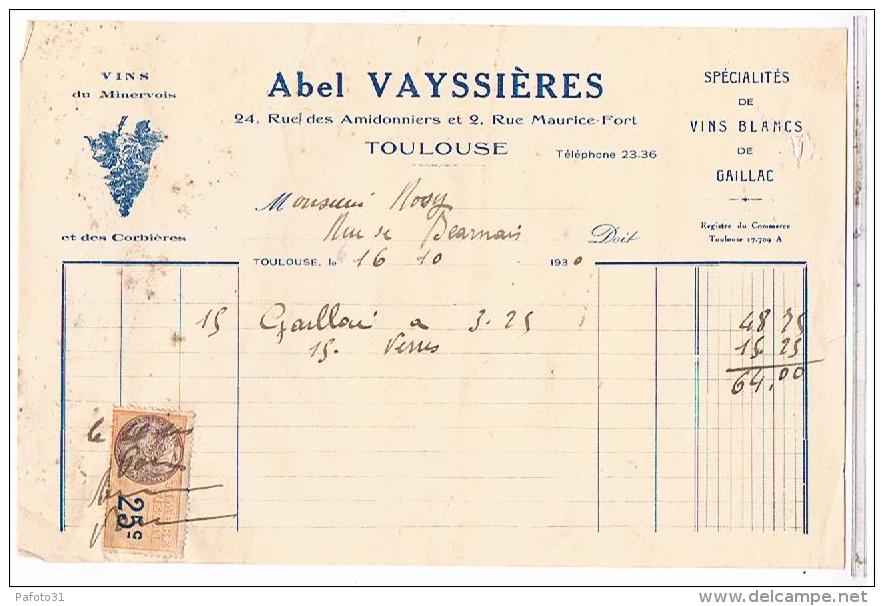 Lettre Facture  VINS DU MINERVOIS  ABEL VAYSSIERES 1930 24 R DES AMIDONNIERS TOULOUSE.... FAC38 - Alimentaire