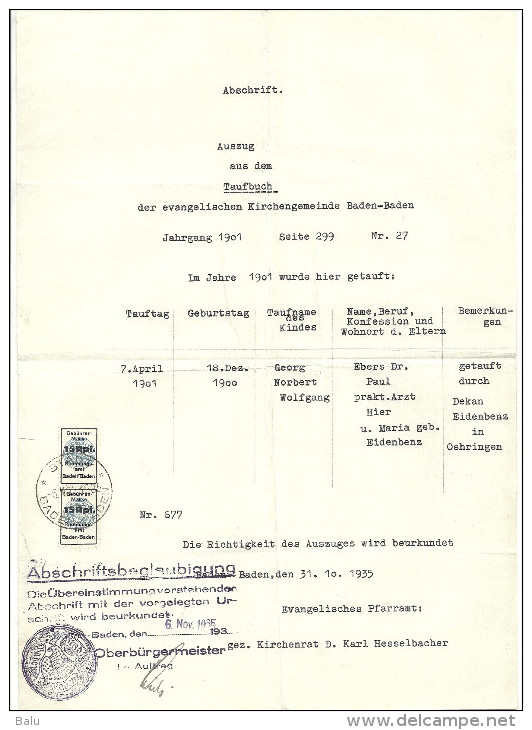 Taufbuch 1901 Evangelische Kirchengemeinde Baden-Baden, 2x Gebührenmarke 15 Rpf Rechnungsamt, Beglaubigte Abschrift 1935 - Historische Dokumente