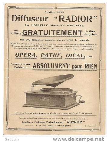 MACHINES PARLANTES / DIFFUSEUR "RADIOR" - PUB Modèle 1924 - PARIS (14è) - Autres & Non Classés