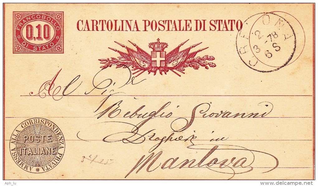 Postkarte 1877 Filagrano C 3 Von "CREMONA" Nach Mantova (x127) - Interi Postali