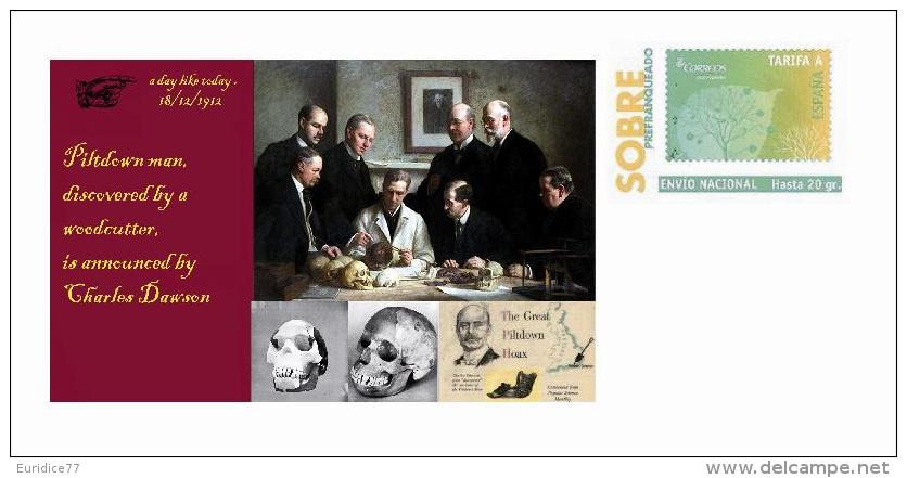 Spain 2013 - Ephemeris - 18 December 1912 (Discovery Of The Man Of Piltdwon) Special Prepaid Cover - Prehistoria