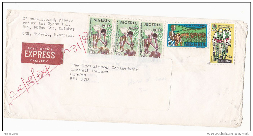 1992 EXPRESS NIGERIA Stamp COVER To ARCHBISHOP OF CANTERBURY With HOUSE Of LORDS GB Arrival Pmk Religion Cycling Bicycle - Nigeria (1961-...)