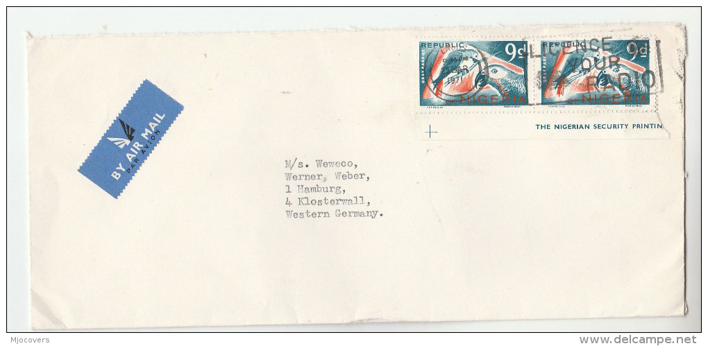 1971 Air Mail NIGERIA COVER Stamps  2x 9d PARROT With NIGERIAN SECURITY PRINTING SELVEDGE  Birds To Germany Bird Airmail - Nigeria (1961-...)