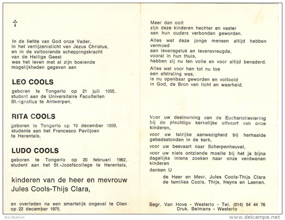 Doodsprentje - Leo Cools - Rita Cools - Ludo Cools / Smartelijk Ongeval In Olen / 1975 / Tongerlo / Westerlo - Décès