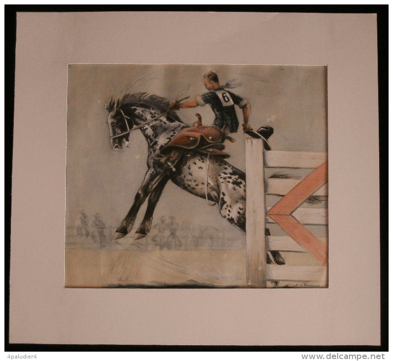 U.S.A. RODEO Bronc Riding Bronco Aquarelle Originale Par R.C. REYROLLES 1940 Cheval Equitation - Aquarelles