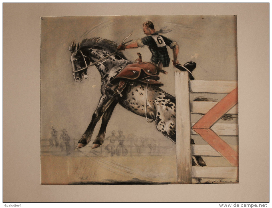 U.S.A. RODEO Bronc Riding Bronco Aquarelle Originale Par R.C. REYROLLES 1940 Cheval Equitation - Aquarelles