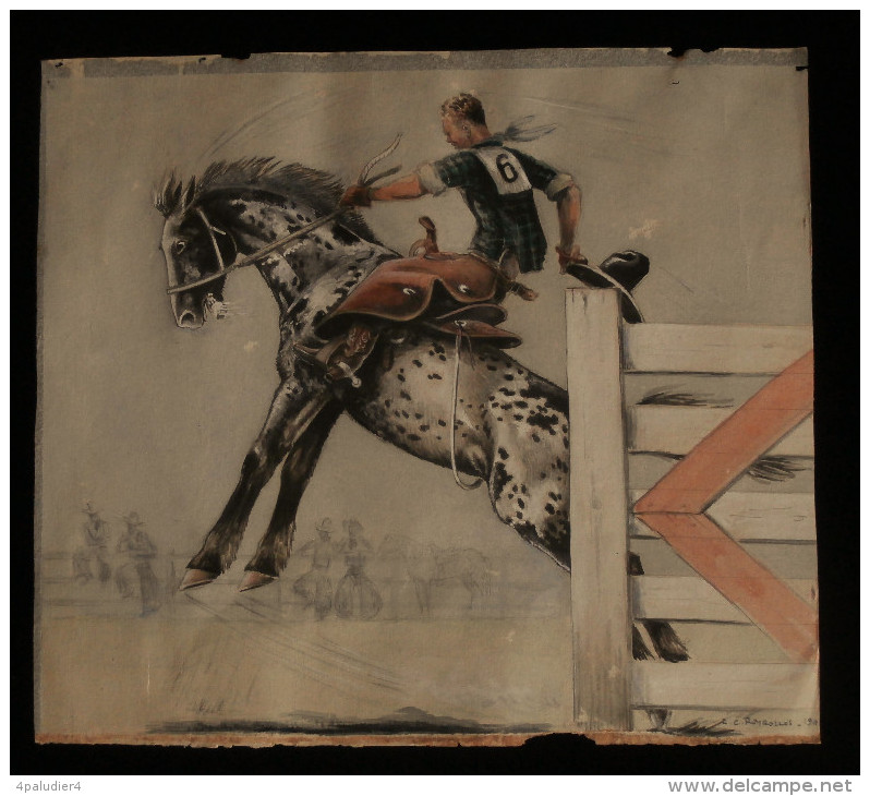 U.S.A. RODEO Bronc Riding Bronco Aquarelle Originale Par R.C. REYROLLES 1940 Cheval Equitation - Aquarelles