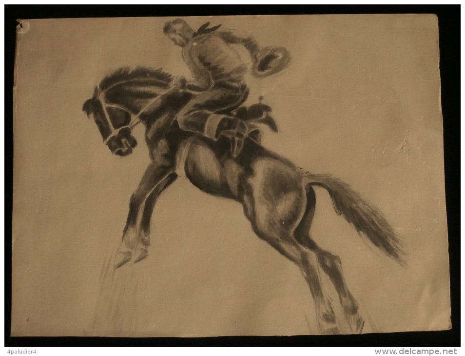 U.S.A. RODEO Bronc Riding Bronco Aquarelle Originale Par R.C. REYROLLES 1940 Cheval Equitation - Aquarelles