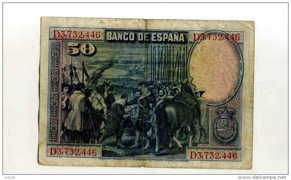 - ESPAGNE 1928 . BILLET 50 P. 1928 . - 50 Peseten