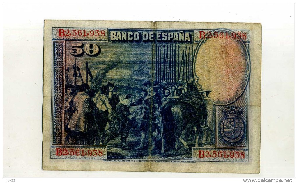 - ESPAGNE 1928 . BILLET 50 P. 1928 . - 50 Peseten