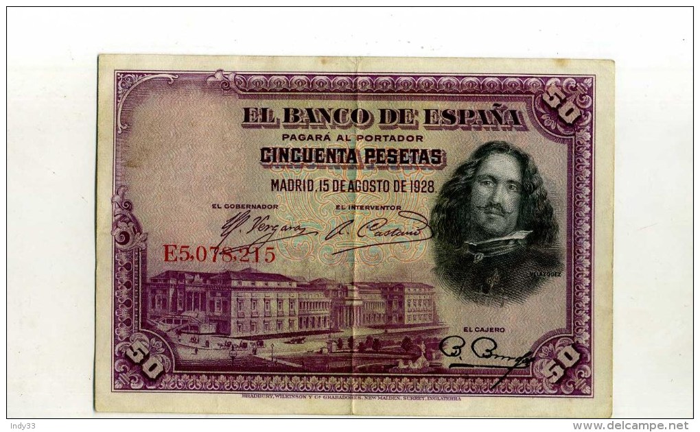 - ESPAGNE 1928 . BILLET 50 P. 1928 . - 50 Pesetas