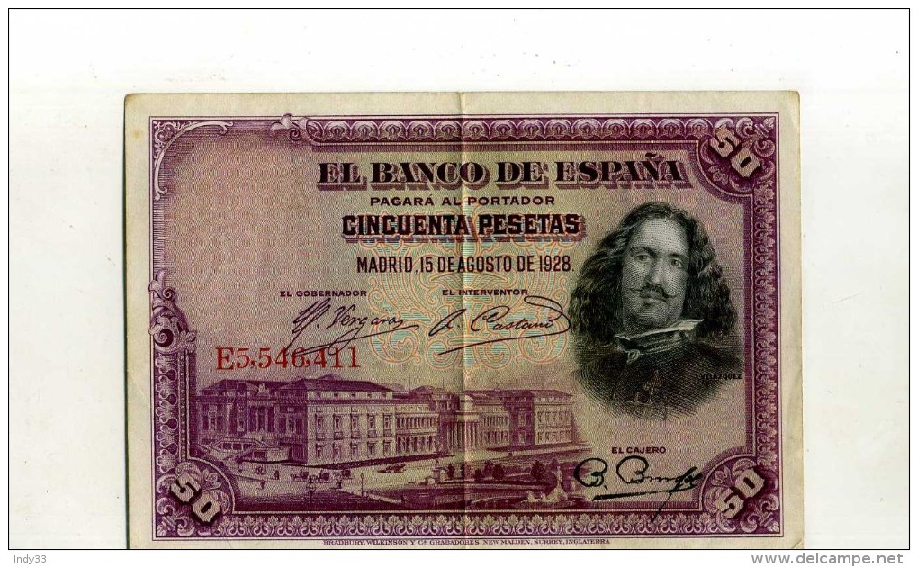 - ESPAGNE 1928 . BILLET 50 P. 1928 . - 50 Peseten