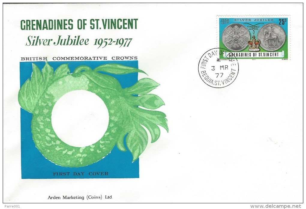 Grenadines Of St Vincent 1977 Bequia Silver Jubilee Royal Coin FDC Cover - St.-Vincent En De Grenadines