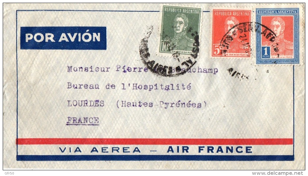 ENVELOPPE TIMBREE -   POSTE AERIENNE  -  AIR  FRANCE  -  BUENOS  AIRES -  ARGENTINE -  Destinataire LOURDES - Poste Aérienne