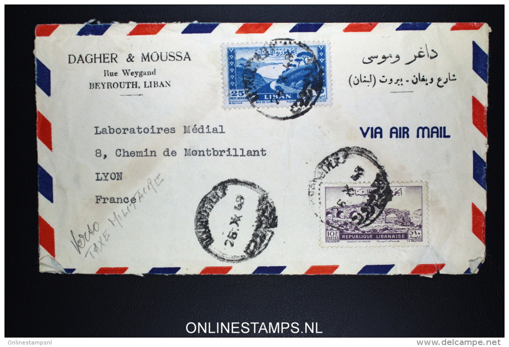 Liban Lettre Airmail Beyrouth To Lyon 1948 Avec Taxe Militaire A Verso - Briefe U. Dokumente