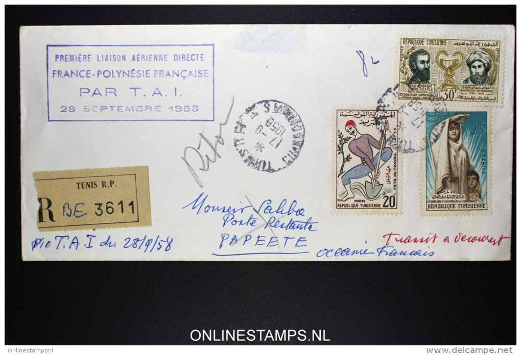 Tunesie Premiere Liaison Aerienne Directe  R Lettre 1958 Polynesie Par TAI - Airmail