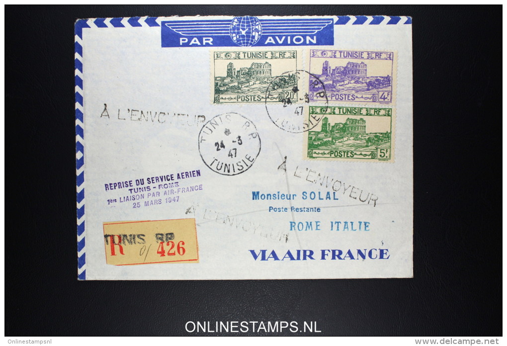 Tunesie LETTRE RECOMMANDEE PAR AVION AVEC GRIFFE REPRISE DU SERVICE AERIEN TUNIS-ROME 1ere LIAISON PAR AIR FRANCE 25 MAR - Airmail