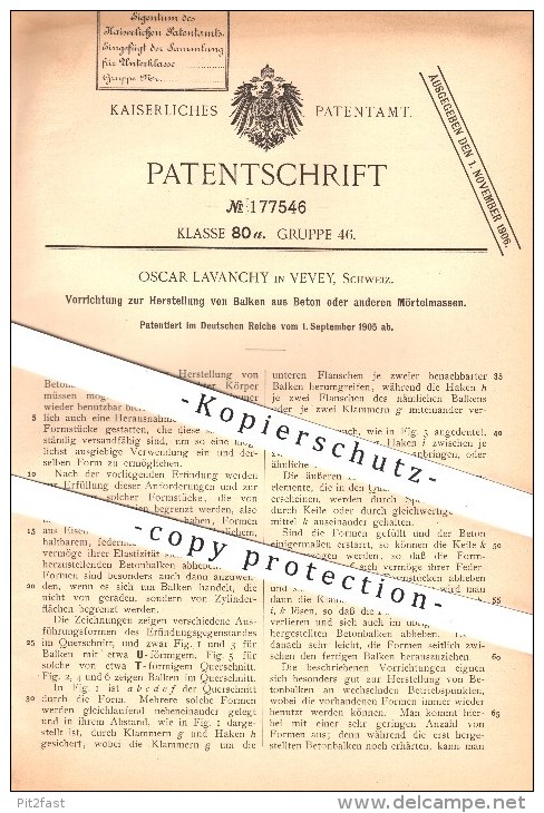 Original Patent - Oscar Lavanchy In Vevey , Schweiz , 1905 , Herstellung Von Balken Aus Beton Oder Mörtel , Zement !!! - Documents Historiques