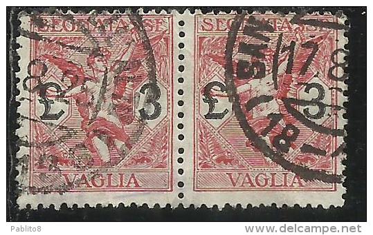 ITALY KINGDOM ITALIA REGNO 1924 SEGNATASSE TAXES TASSE DUE PER VAGLIA LIRE 3 COPPIA USATA PAIR USED - Taxe Pour Mandats