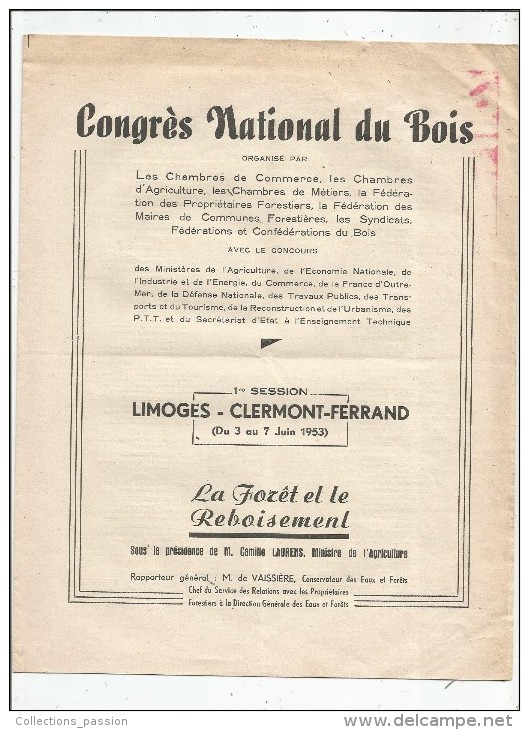 Programme , CONGRES NATIONAL DU BOIS , 1953 , LIMOGES - CLERMONT FERRAND , 2 Scans, Frais Fr : 1.55€ - Programma's