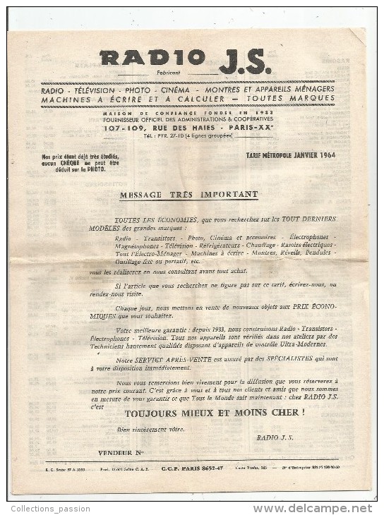 Bon De Commande , Lettre Commerciale , Tarif , RADIO J.S , 1964, Paris , 10 Pages, Télévision, Montres, Frais Fr : 1.55€ - Autres & Non Classés