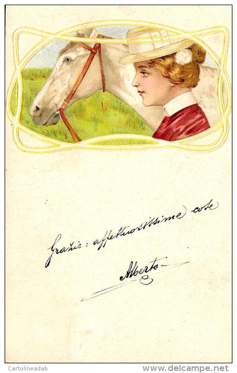 [DC4806] CARTOLINA - CAVALLO CON DONNA - CAPPELLO - IN RILIEVO - Viaggiata - Old Postcard - Cavalli