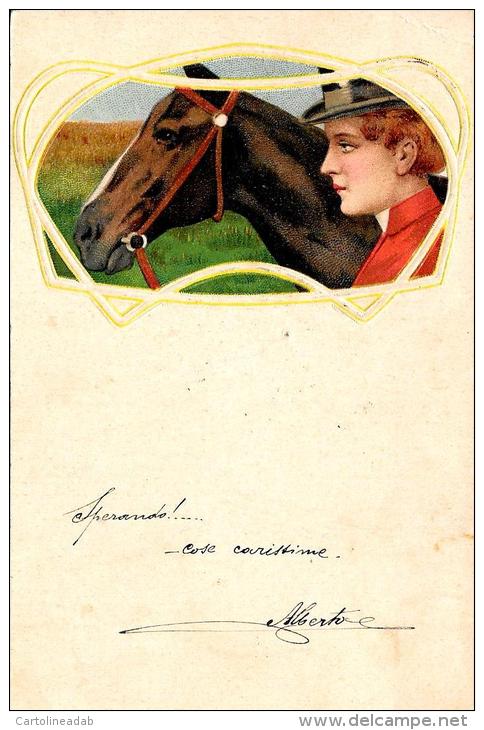 [DC4807] CARTOLINA - CAVALLO CON DONNA - CAPPELLO - IN RILIEVO - Viaggiata - Old Postcard - Cavalli