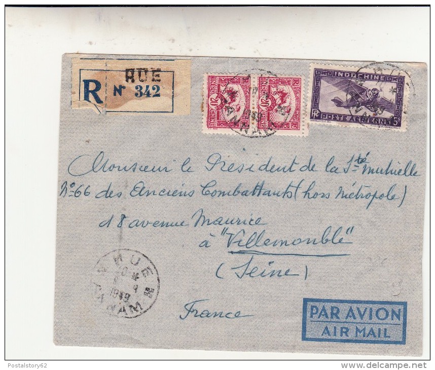 Hue, Indochine. Cover To Villemomble. Raccomandata Par Avion 1949 - Poste Aérienne
