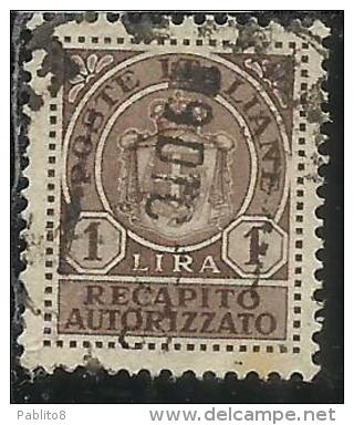 ITALIA REGNO ITALY KINGDOM 1946 LUOGOTENENZA RECAPITO AUTORIZZATO LIRE 1 LIRA USATO USED USATO - Authorized Private Service