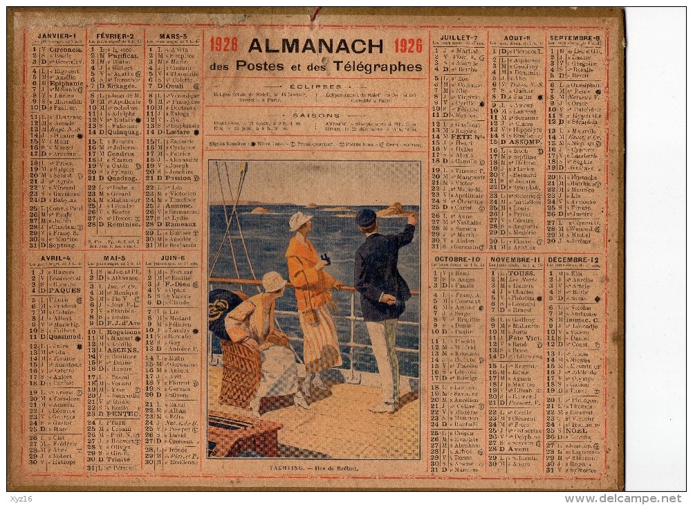 CALENDRIER ALMANACH Des POSTES 1926- YACHTING - Iles De Bréhat  - Dep 87 - Big : 1921-40