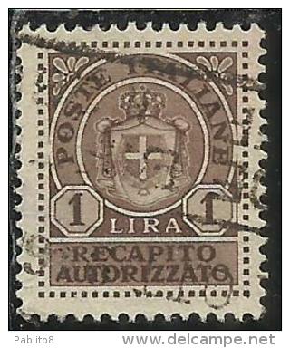 ITALIA REGNO ITALY KINGDOM 1946 LUOGOTENENZA RECAPITO AUTORIZZATO LIRE 1 LIRA USATO USED USATO - Service Privé Autorisé