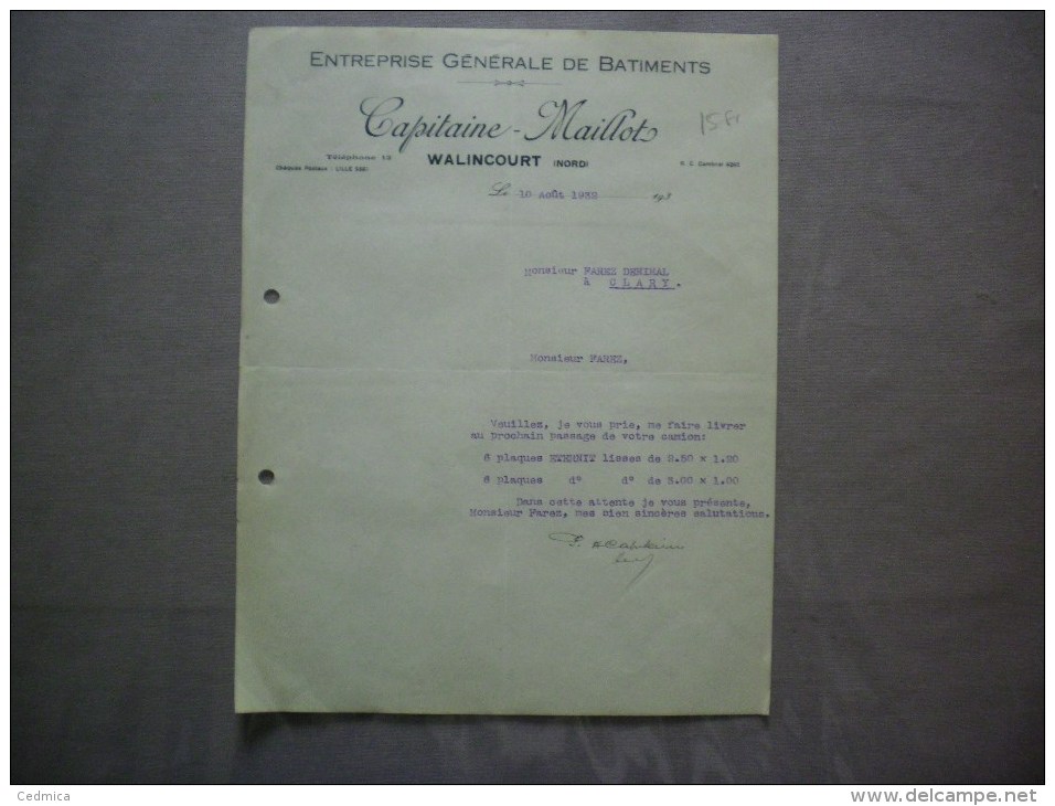 WALINCOURT NORD CAPITAINE-MAILLOT ENTREPRISE GENERALE DE BATIMENTS COURRIER DU 10 AOUT 1932 - 1900 – 1949