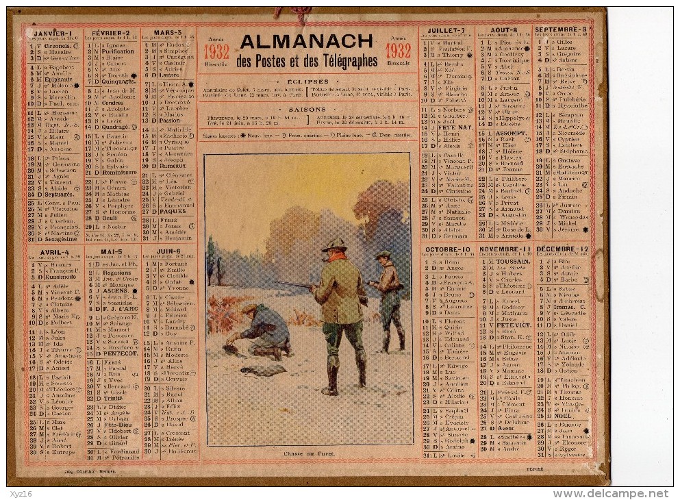 CALENDRIER ALMANACH Des POSTES 1932-  Chasse Au Furet - Dep 87 - Tamaño Grande : 1921-40