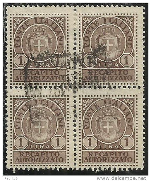 ITALIA REGNO ITALY KINGDOM 1946 LUOGOTENENZA RECAPITO AUTORIZZATO LIRE 1 LIRA QUARTINA USATA BLOCK USED OBLITERE´ - Authorized Private Service