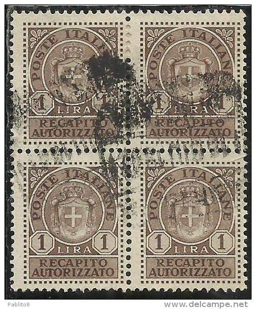 ITALIA REGNO ITALY KINGDOM 1946 LUOGOTENENZA RECAPITO AUTORIZZATO LIRE 1 LIRA QUARTINA USATA BLOCK USED OBLITERE´ - Autorisierter Privatdienst