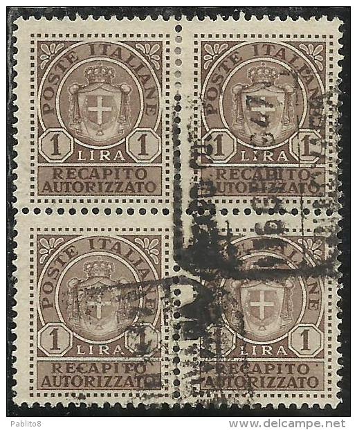 ITALIA REGNO ITALY KINGDOM 1946 LUOGOTENENZA RECAPITO AUTORIZZATO LIRE 1 LIRA QUARTINA USATA BLOCK USED OBLITERE´ - Authorized Private Service