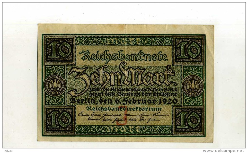 - ALLEMAGNE WEIMAR . REICHSBANKNOTE . 10 M. - 10 Mark